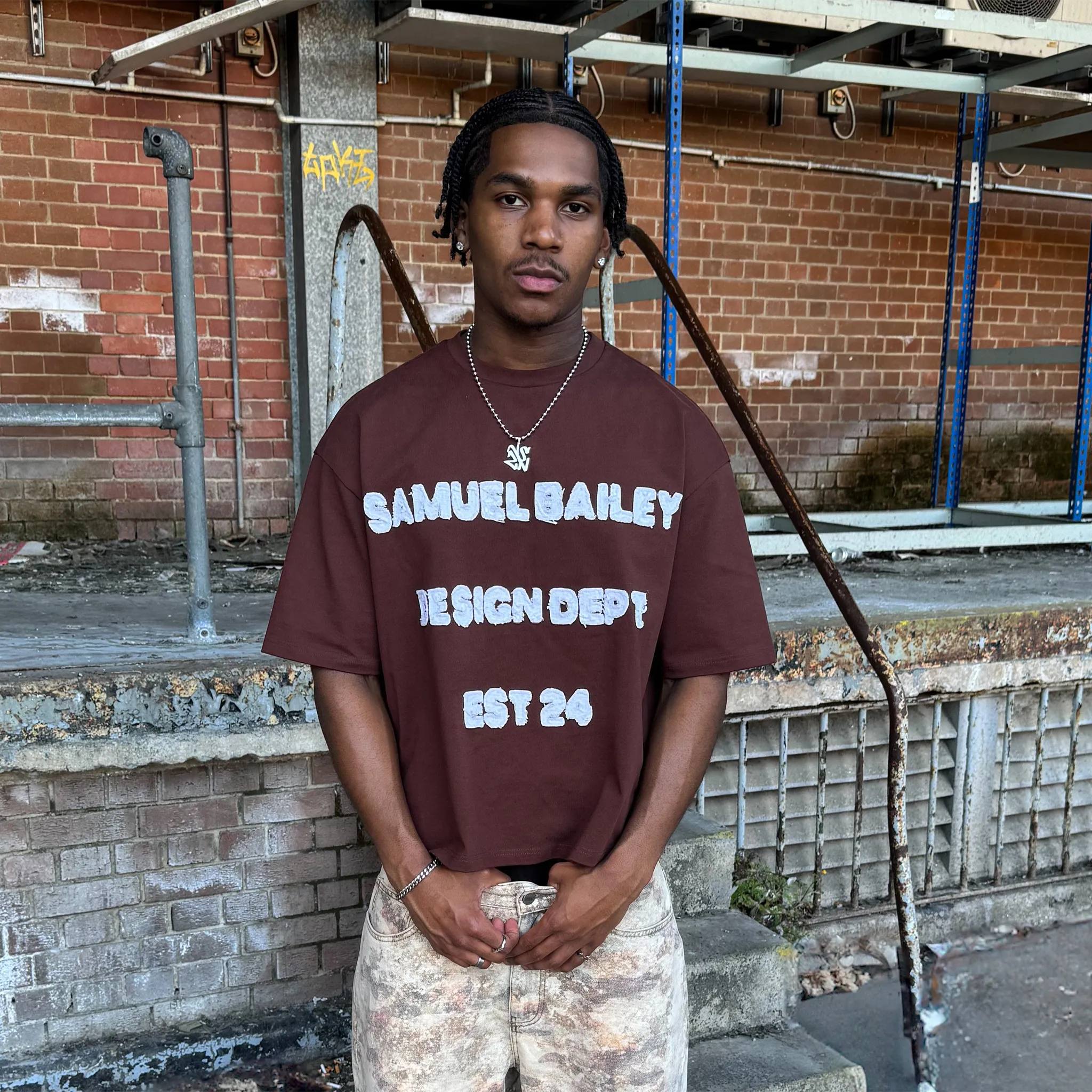 Front Model View of Samuel Bailey Design Dept Brown T-Shirt 53220445520195